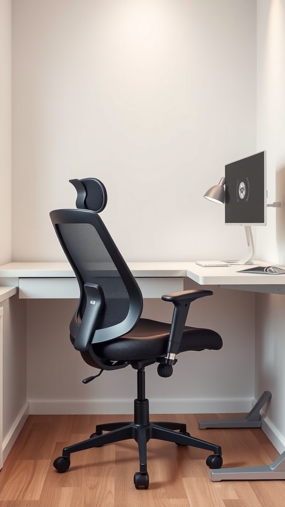 A stylish ergonomic chair in a small home office setup.