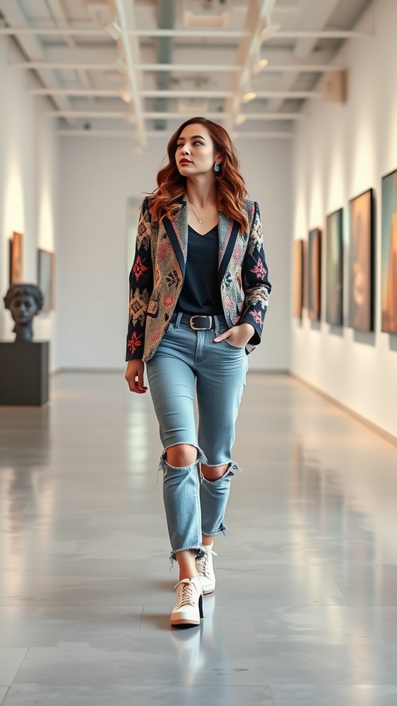 A woman walking in an art gallery wearing a patterned ethnic blazer over a black top, paired with ripped jeans and stylish ankle boots.
