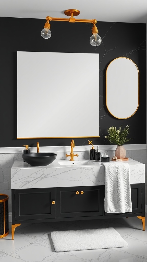 Modern bathroom with black and gold fixtures, featuring a stylish design and elegant accessories.