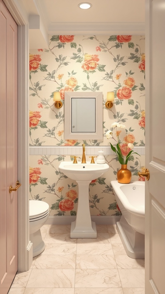 A beautifully designed guest bathroom with floral wallpaper featuring roses, a pedestal sink, and a vintage bathtub.