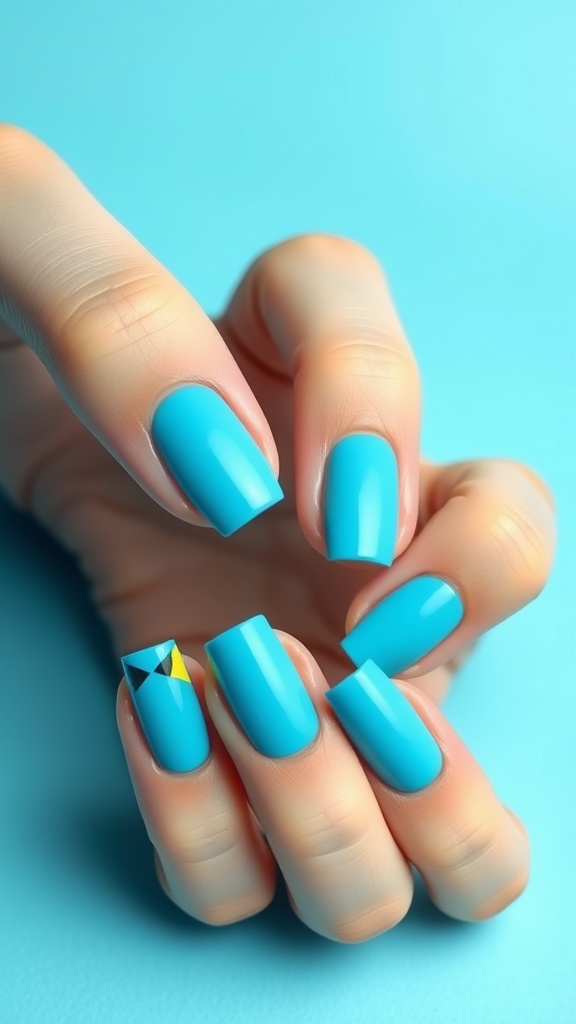 Light blue nails with a geometric pattern on one nail.