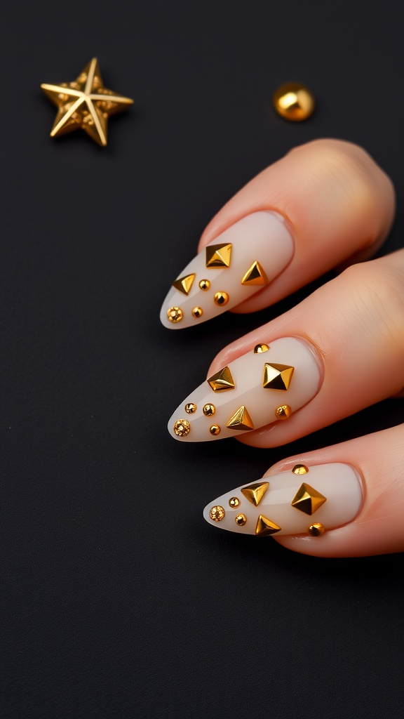 Chic gold studded nail design featuring various gold studs on neutral nails.