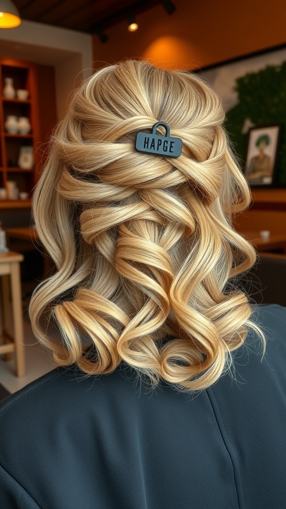 A stylish half-up hairstyle featuring soft waves and a black claw clip, showcasing volume and texture.