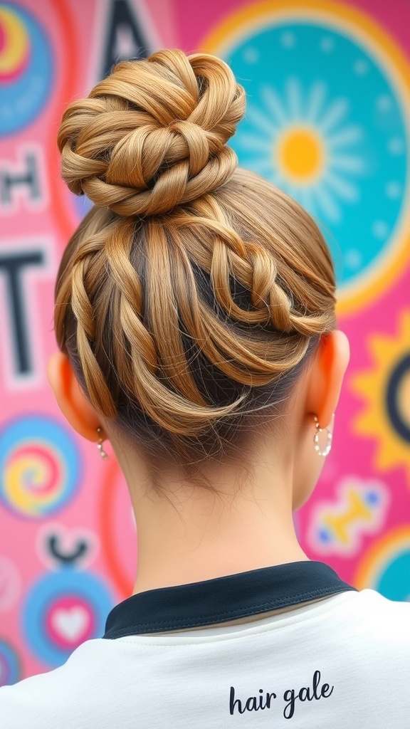 A chic high bun hairstyle featuring twists, showcasing a polished and elegant look.