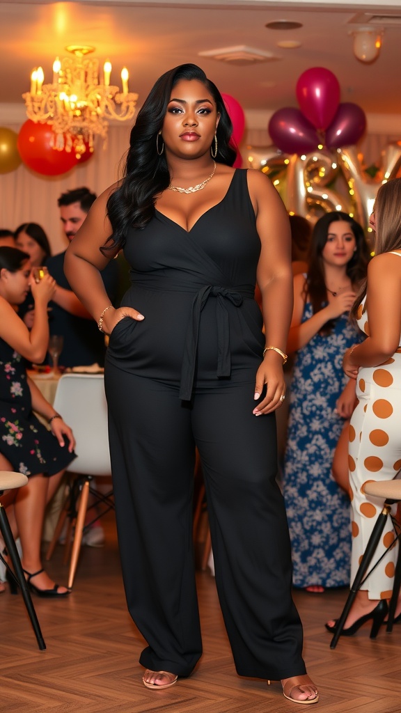 A plus-size woman wearing a black jumpsuit at a vibrant birthday celebration with balloons and guests in the background.