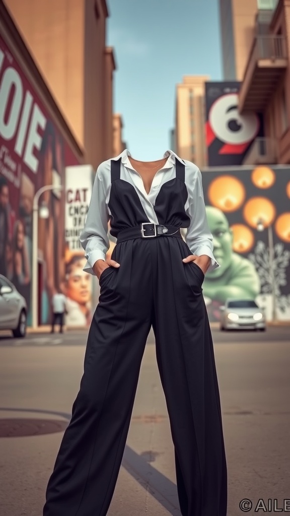A stylish jumpsuit with a statement belt, worn in an urban setting with colorful murals in the background.