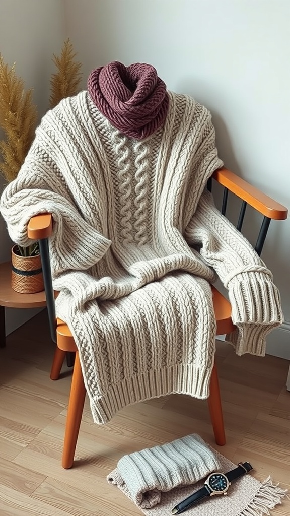 A chic knit sweater draped over a chair, accompanied by a matching scarf and accessories.