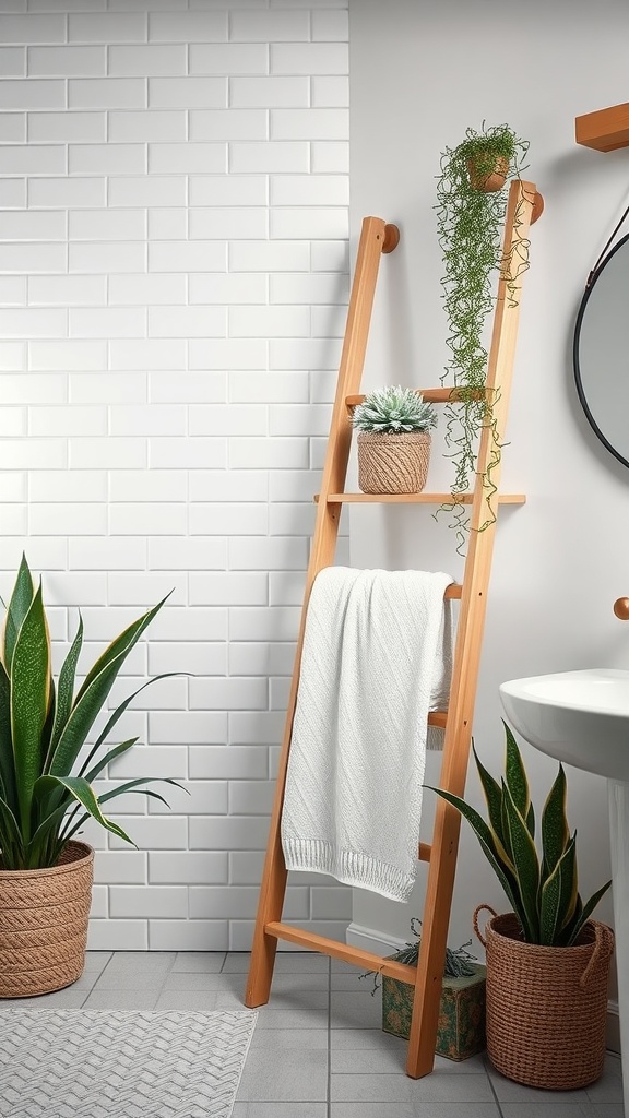 A chic wooden ladder towel stand in a bathroom, holding a white towel and adorned with small potted plants, surrounded by greenery.