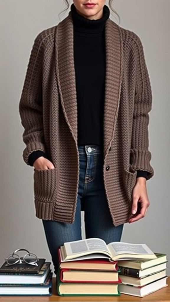 A woman wearing a brown oversized cardigan over a black turtleneck, standing next to a stack of books.