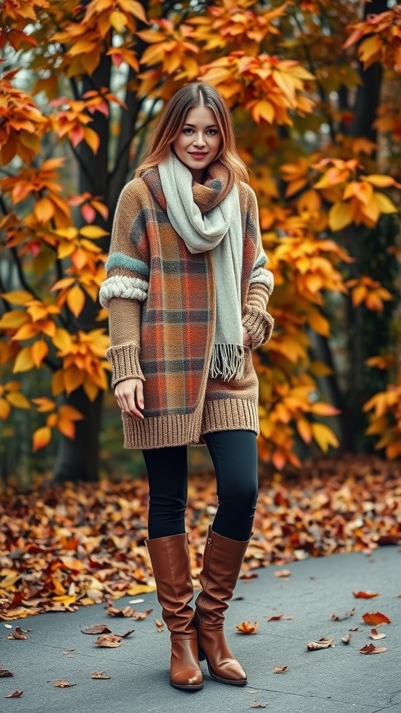 A woman wearing a plaid oversized sweater, black leggings, and brown knee-high boots, standing amidst colorful autumn leaves.