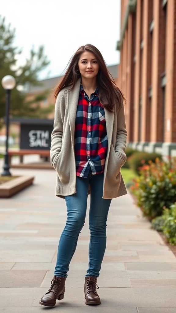 A model wearing a beige cardigan over a red and blue plaid shirt, paired with blue jeans and brown boots, in an outdoor setting.