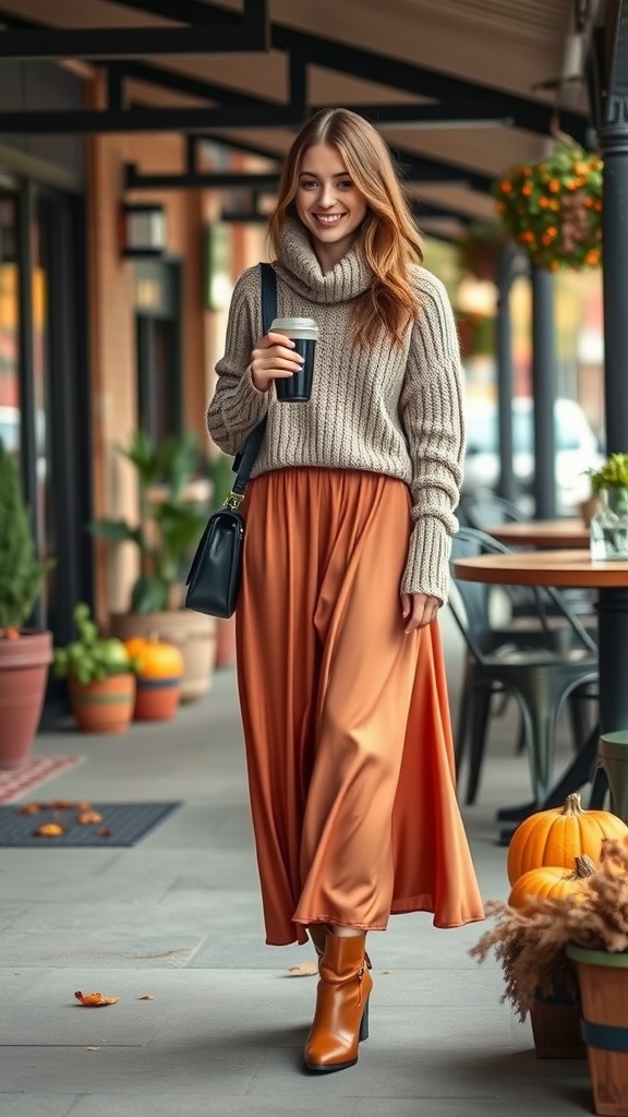 A woman wearing a cozy sweater and a silk maxi skirt, holding a coffee cup while walking in an outdoor setting.