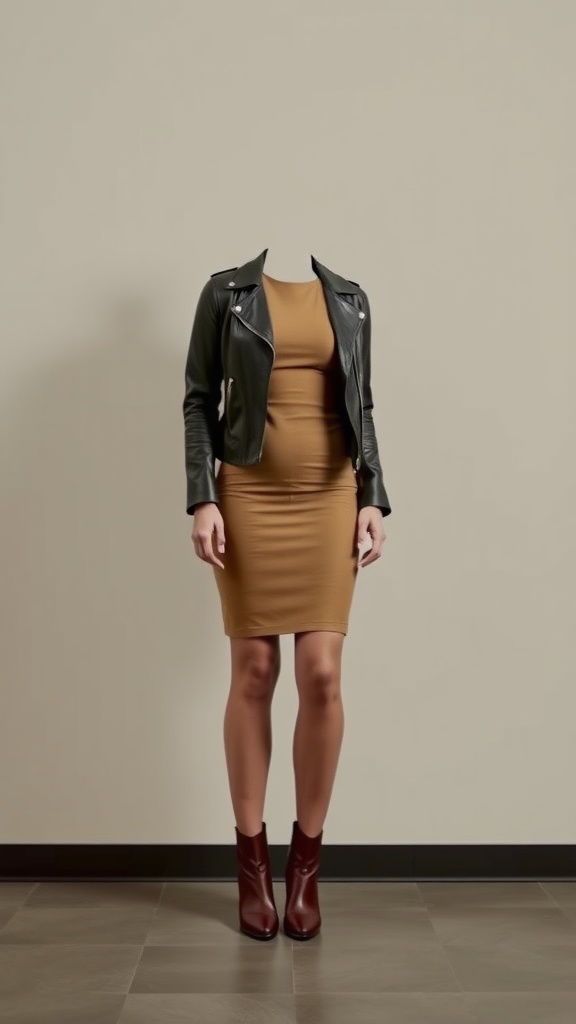 A model wearing a black leather jacket over a brown fitted dress, paired with ankle boots.