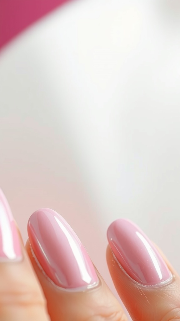 Close-up of light pink chrome almond nails