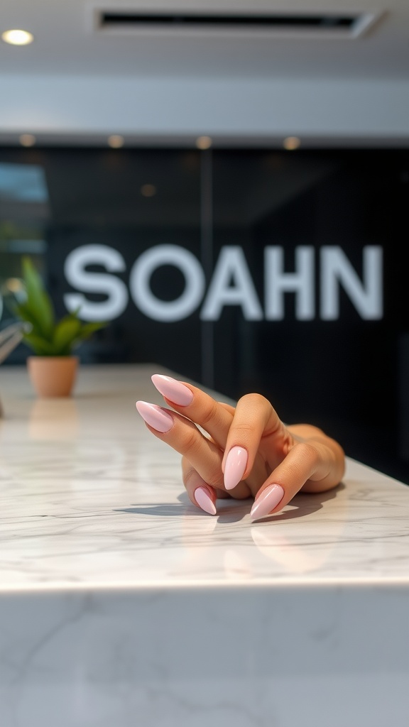 Short nails with a light pink chrome finish displayed on a marble counter