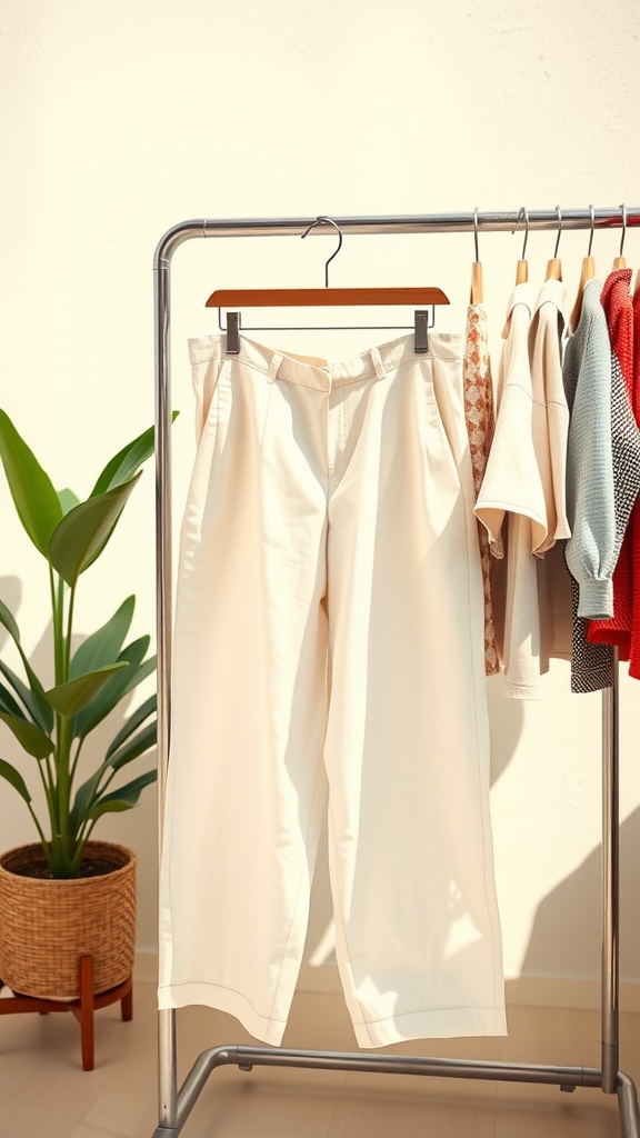 A pair of white linen trousers hanging on a rack with colorful tops and a green plant in the background.