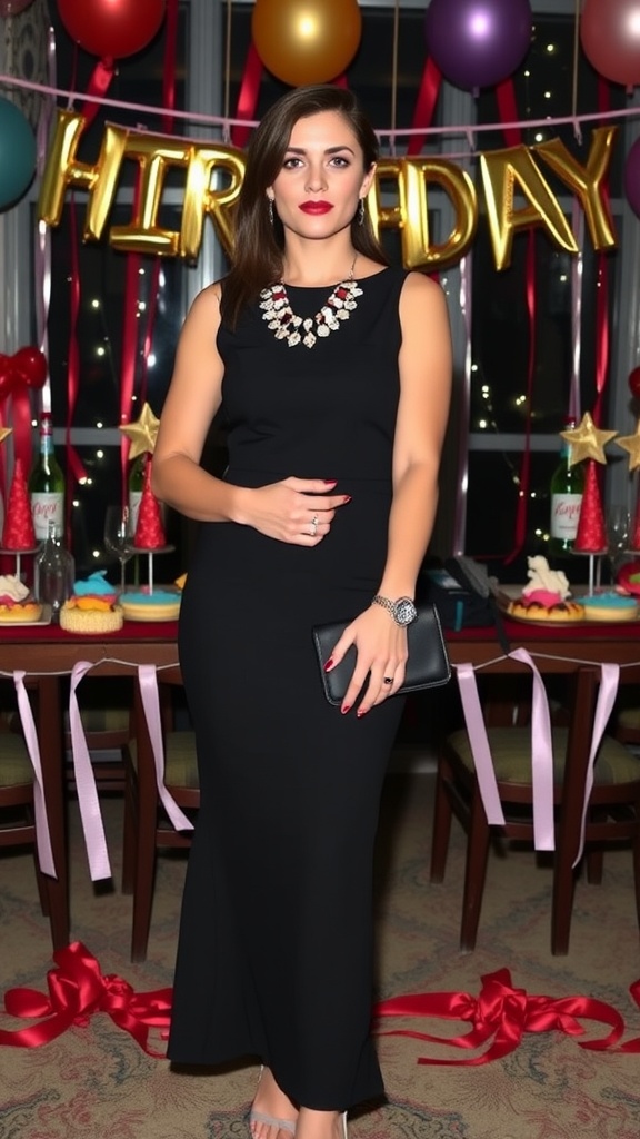 A woman in a chic black dress with statement accessories celebrating a birthday in a decorated setting.