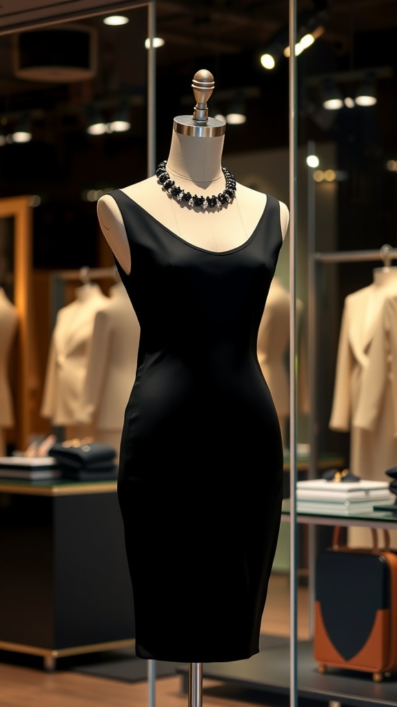 A chic little black dress displayed on a mannequin with a statement necklace, showcasing elegance and versatility.