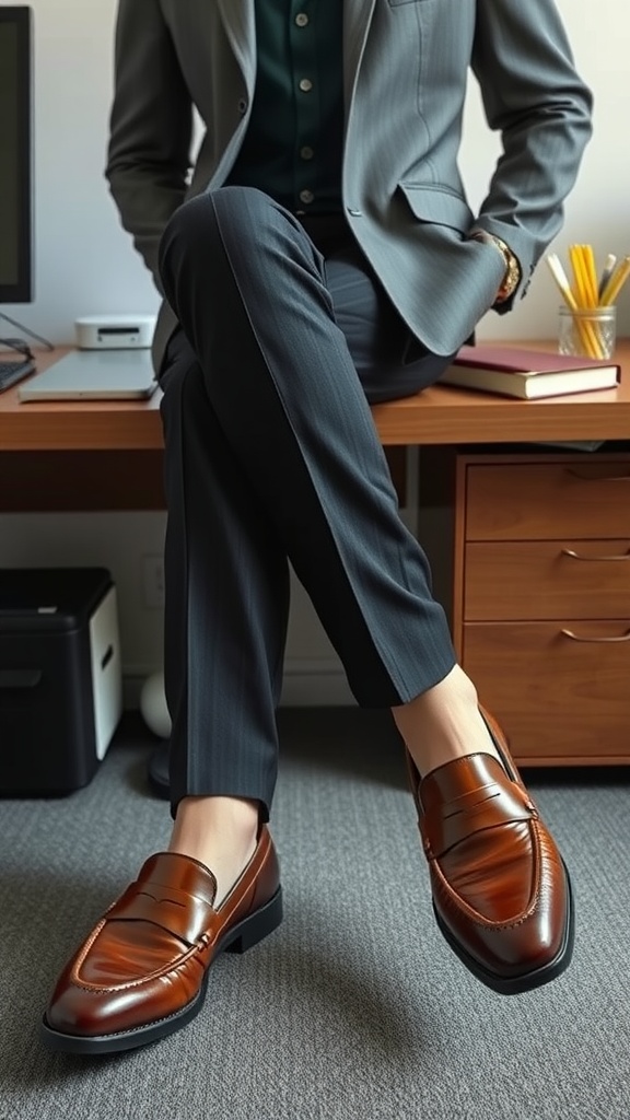 A person wearing chic brown loafers, paired with a smart suit and sitting at a desk.