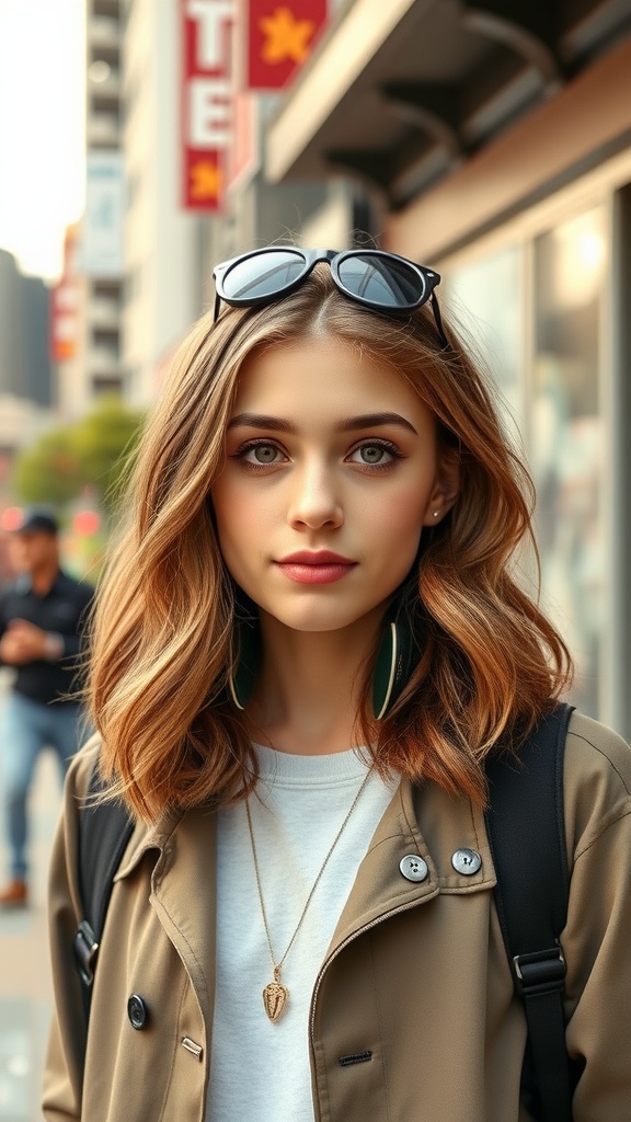 A young woman with medium-length hair styled in a chic lob with subtle waves, wearing sunglasses and a stylish outfit.