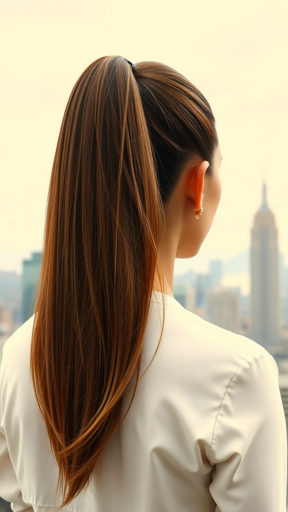 A woman with a long ponytail hairstyle, showcasing a sleek and polished look.