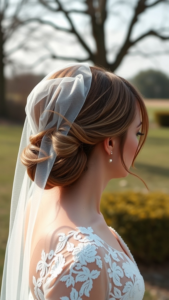 A woman with medium-length hair styled in a chic low chignon, wearing a sheer veil and a beautiful lace dress.