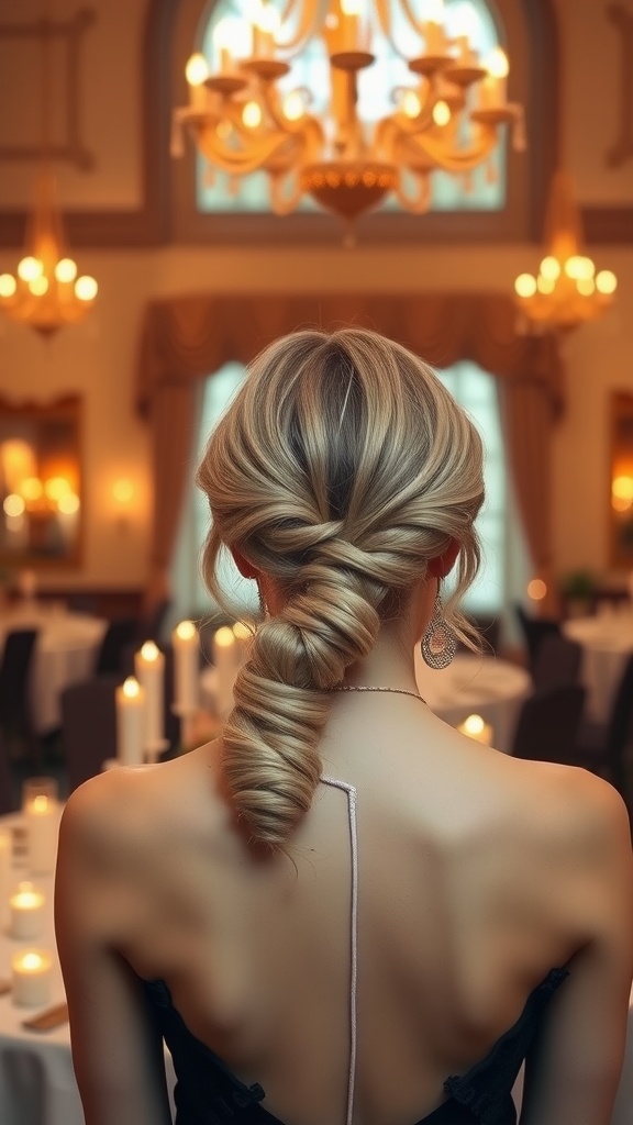 Chic low ponytail hairstyle with twisted sections, elegantly styled for a wedding.