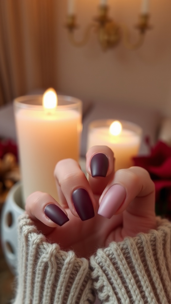 Close-up of a hand with chic matte finish nails in purple and pink, holding a cozy sweater, with candles and roses in the background.