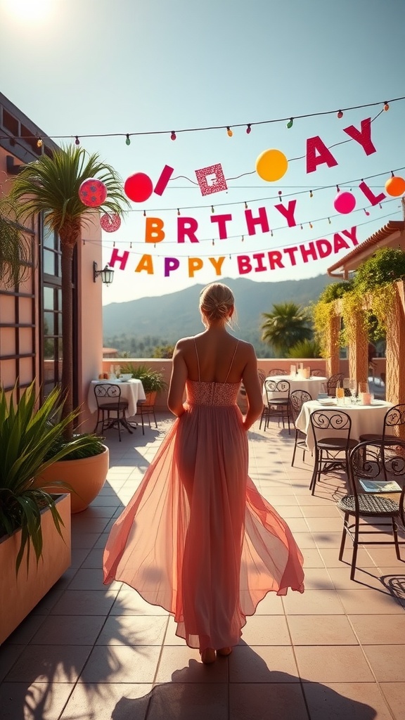Woman in a chic maxi dress walking toward a birthday celebration with decorations