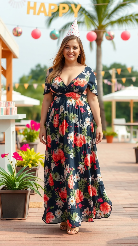 A woman in a floral maxi dress celebrating her birthday in a festive outdoor setting.