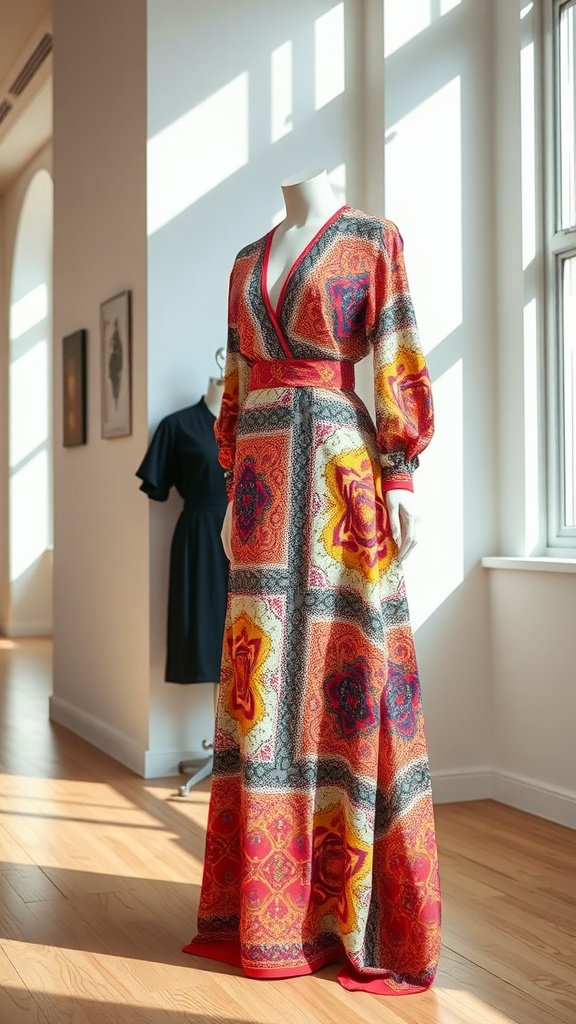 A vibrant maxi dress displayed on a mannequin in a bright room, showcasing cultural patterns and long sleeves.