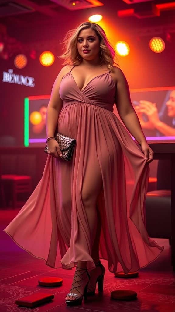 A plus-size woman wearing a chic pink maxi dress with a deep V-neckline and a thigh-high slit, posing in a club setting.