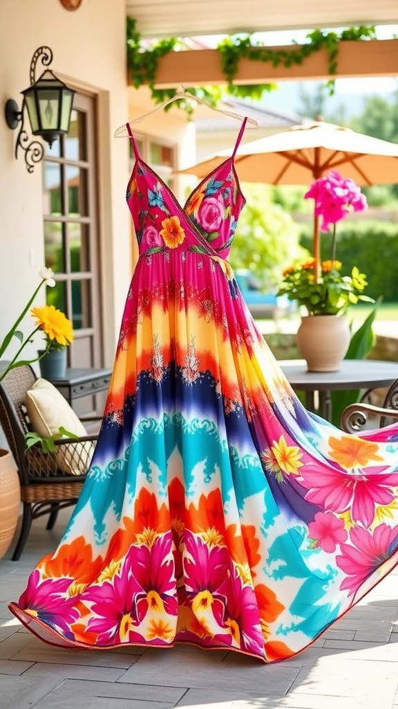 A colorful maxi dress with floral patterns displayed outdoors.
