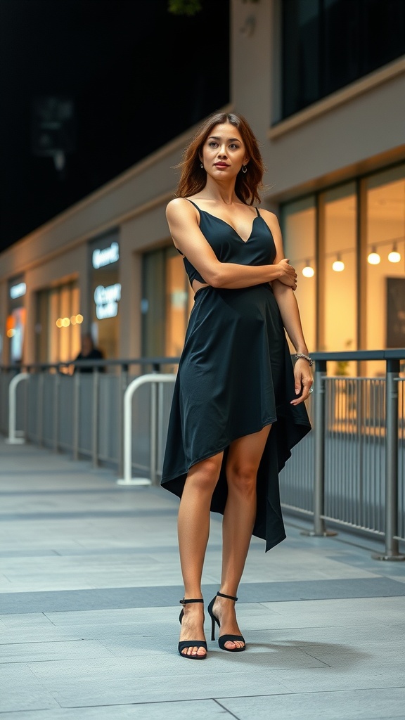 A woman wearing a chic midi dress with an asymmetrical hem and black heels, posing confidently in an urban setting.