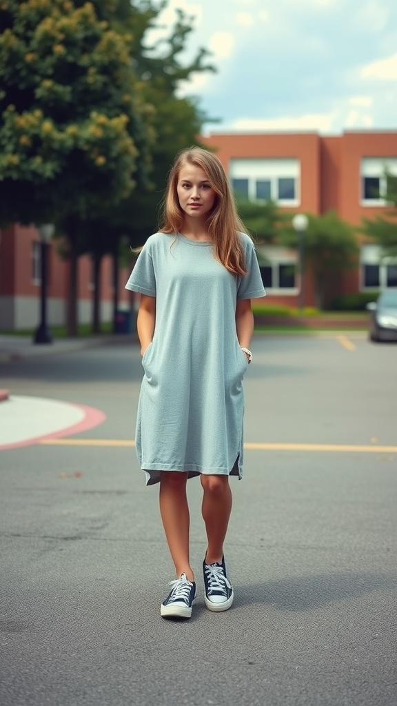 A student wearing a light blue midi dress paired with sneakers, standing outdoors.