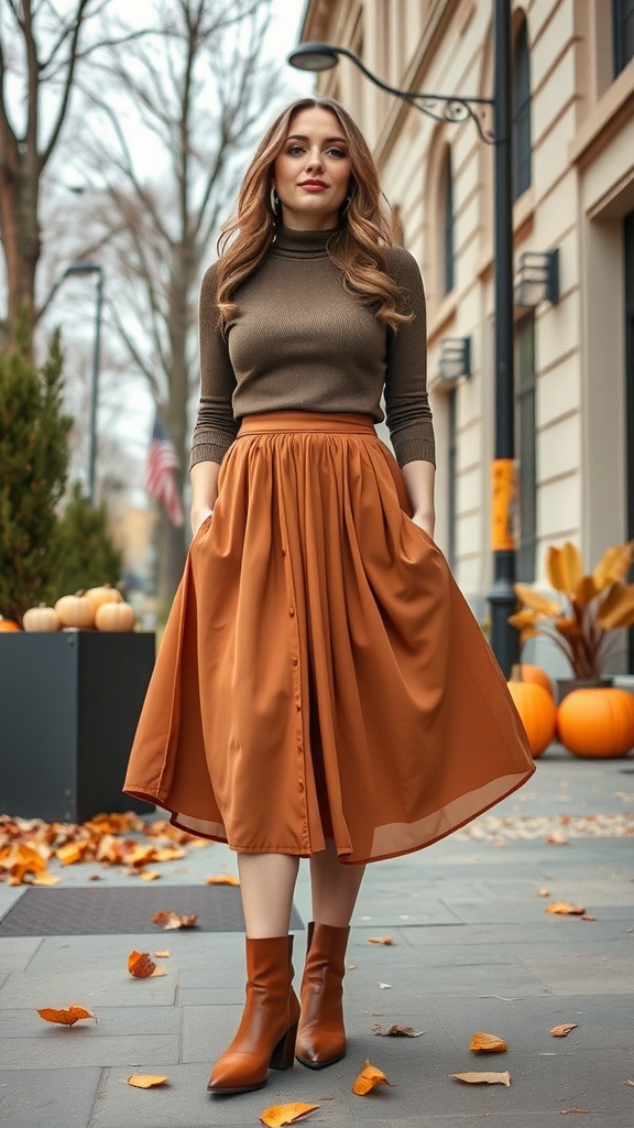 A woman in a brown top and orange midi skirt stands confidently on a city street, surrounded by autumn decorations.