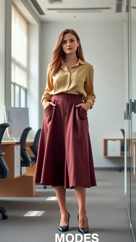A model in a chic midi skirt with a yellow blouse and black heels, standing in an office setting