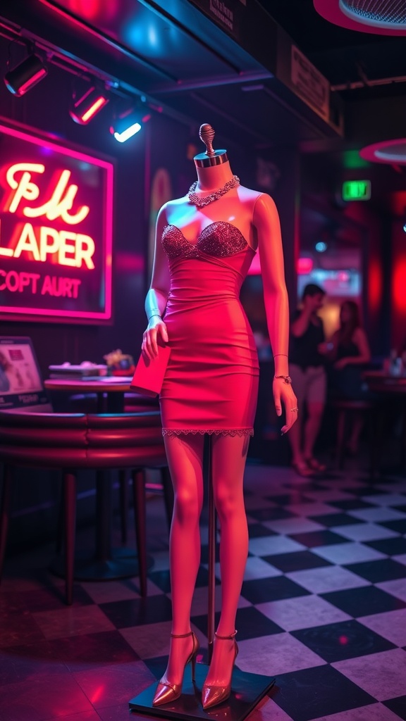 A stylish red mini dress displayed on a mannequin with a sparkling neckline, set against a vibrant club backdrop.