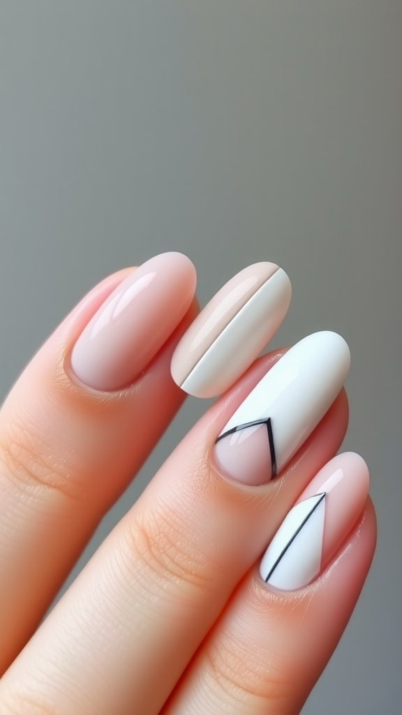 Chic minimalist almond nail designs featuring soft pink and white shades with geometric patterns.