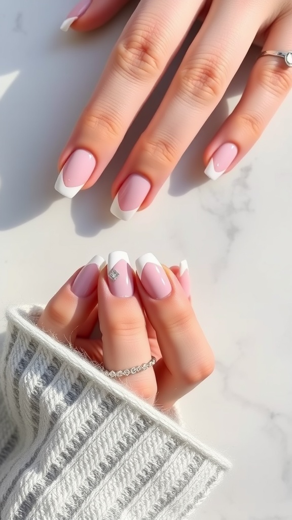 Image of short acrylic nails with a pink base and white tips, featuring a small diamond accent, alongside a cozy sweater.