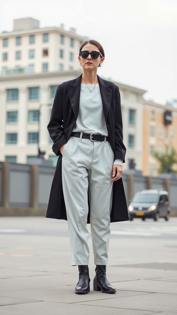 A woman in a gray top and trousers with a black coat and sunglasses, standing on a city street.