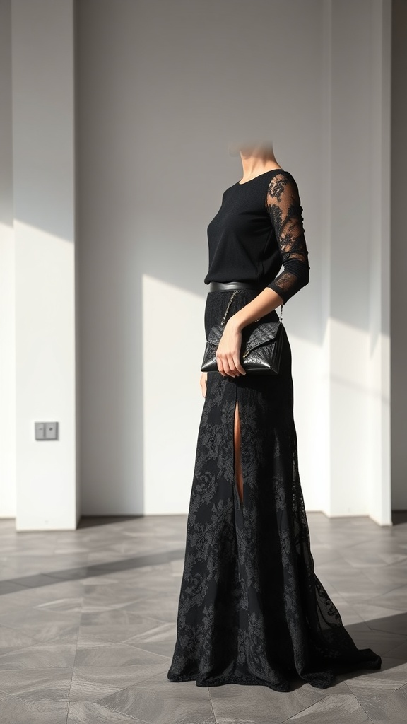A stylish woman wearing a black lace maxi skirt with a high slit and a fitted black top, holding a black clutch.