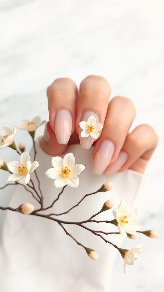 Chic nude almond nails with minimalist 3D flowers, showcasing a stylish and elegant design.
