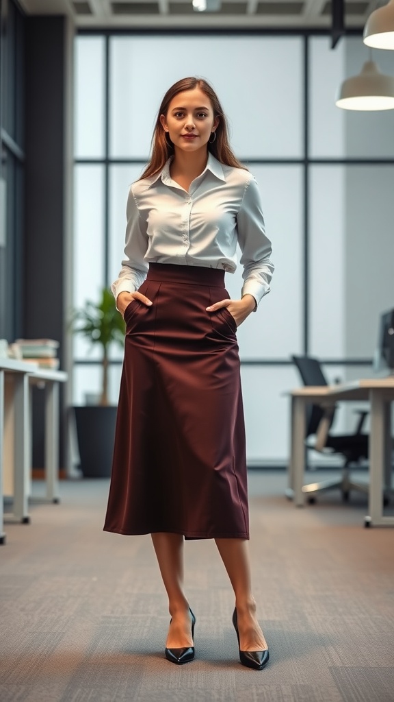 A woman wearing a light blue shirt and a burgundy midi skirt stands confidently in an office setting.