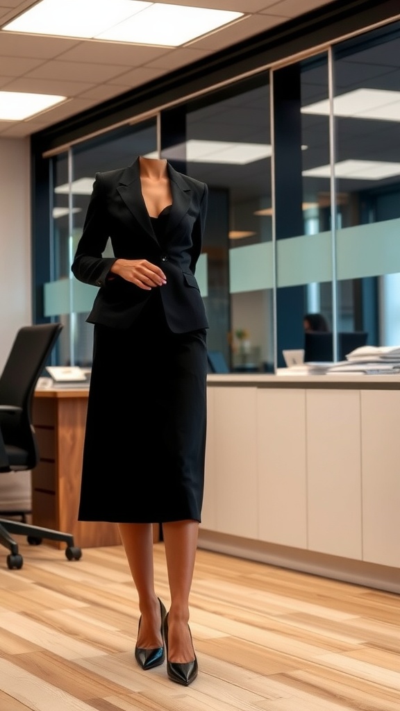 A model wearing a black blazer and midi skirt in an office setting.