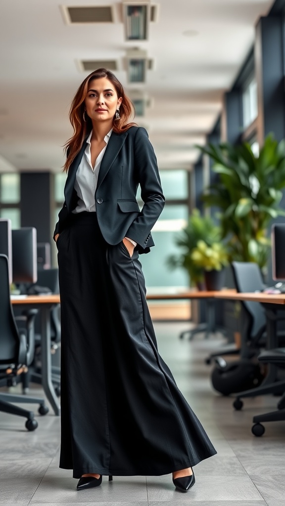 A woman in a chic office attire featuring a black blazer and a black maxi skirt, standing confidently in a modern office space.