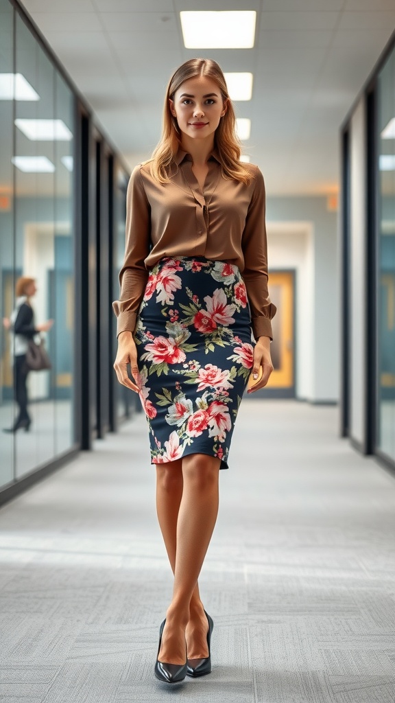 Woman wearing a floral pencil skirt and blouse, walking in an office corridor.