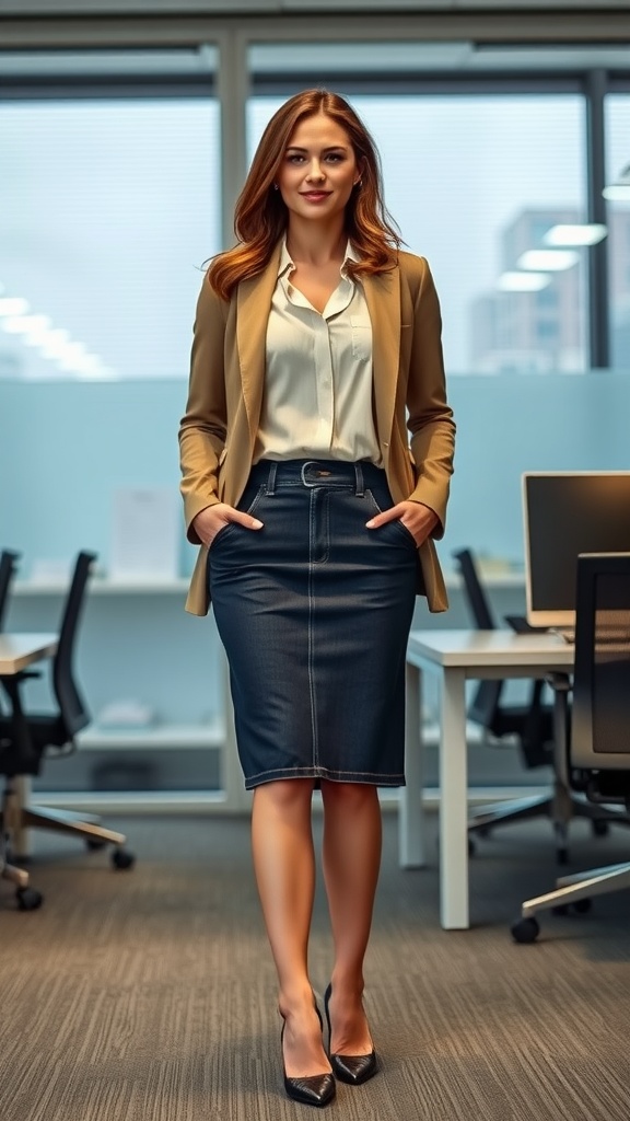 A woman in a chic office outfit featuring a jean skirt, blazer, and heels, standing confidently in an office setting.