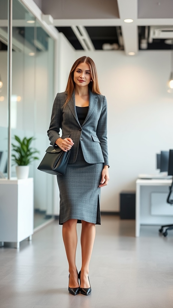 A woman in a stylish office outfit consisting of a grey blazer and matching midi skirt, holding a handbag in a modern office setting.