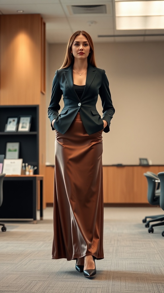 A woman wearing a tailored blazer and a satin maxi skirt in an office setting.